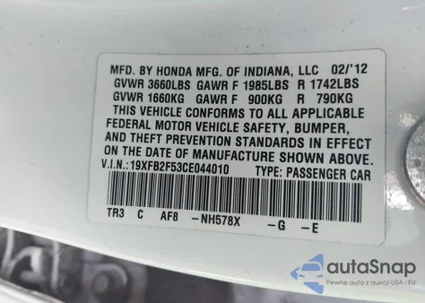 2012 Honda Civic Lx z USA, uszkodzony, nr VIN 19XFB2F53CE044010